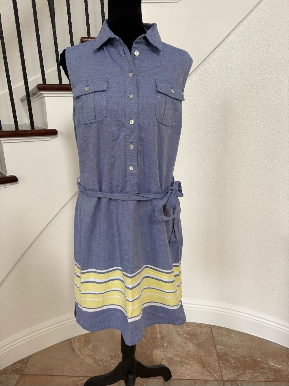 Vineyard Vines Blue Sleeveless Chambray Dress with Yellow Stripe Hem